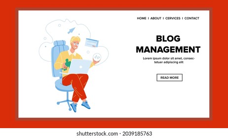 Blog Management Service Man Occupation Vector. Coder Blog Management Business On Laptop, Creating And Coding Website. Character Sitting On Chair And Working Web Flat Cartoon Illustration