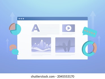 Concepto de marketing de contenido de blog. Publicación de blogs digitales, escritura de publicidad y venta de contenido para la página web de blogs en línea con iconos de gráficos y gráficos