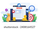 Blog monetization concept flat illustration vector template, Making money online, Website monetization, Analyzing blog content and generating income with ad placements and sponsor partnerships