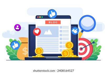 Blog monetization concept flat illustration vector template, Making money online, Website monetization, Analyzing blog content and generating income with ad placements and sponsor partnerships