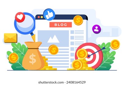 Concepto de monetización de blogs ilustración plana plantilla vectorial, Haciendo dinero en línea, monetización de sitios web, Analizando contenido de blogs y generando ingresos con colocación de anuncios y asociaciones patrocinadoras