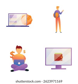 Blog monetization icons set cartoon vector. Video channel monetization. Passive income, hobby
