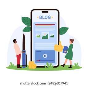 Blog monetization, mobile app for blogging. Tiny people holding pen and thumbs up to attract blog followers with creative articles, monetize online content and earn cartoon vector illustration