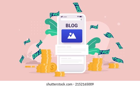Blog money - Smartphone with website on screen and paper money and coins in background. Making money online concept. Vector illustration