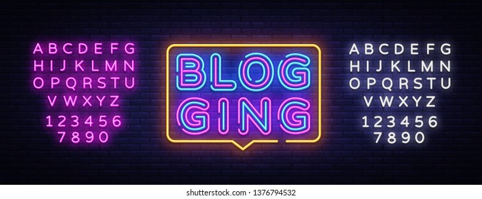 Blog Neon Text Vector. Blogging neon sign, design template, modern trend design, night signboard, night bright advertising, light banner, light art. Vector illustration. Editing text neon sign