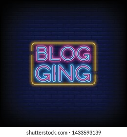 Blog Neon Text Vector with a Brick Wall Background design template  modern trend design  night signboard  night bright advertising  light banner  light art. Vector illustration