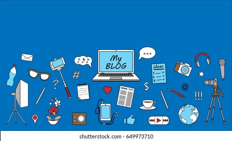 Blog object border. Vector colorful pattern with blogging elements for covers, web banners, mock ups.