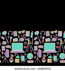 Blog object seamless border on black background. Vector colorful wallpaper with blogging elements for covers, web banners, textile prints, mock ups.