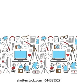 Blog object seamless border. Vector colorful wallpaper with blogging elements for covers, web banners, textile prints, mock ups.