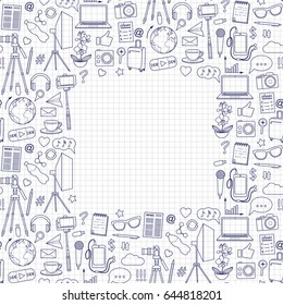 Blog object seamless frame on squared paper. Vector wallpaper with blogging and media elements for covers, web banners, coloring books, mock ups.