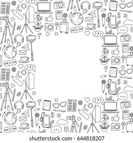 Blog object seamless frame. Vector wallpaper with blogging and media elements for covers, web banners, coloring books, mock ups.