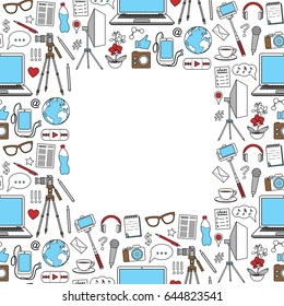 Blog object seamless frame. Vector colorful wallpaper with blogging elements for covers, web banners, textile prints, mock ups.