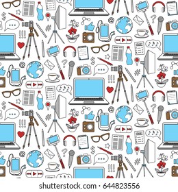 Blog object seamless pattern. Vector colorful wallpaper with blogging elements for covers, web banners, textile prints.