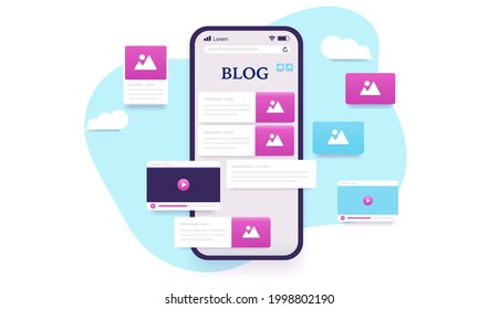 Blog en smartphone - Pantalla de dispositivo con el sitio web de bloggers con imágenes, video y contenido de texto. Ilustración vectorial con fondo blanco.