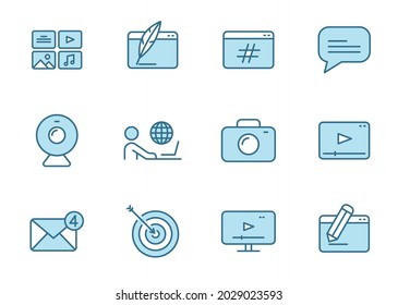 blog outline vector icons in two colors isolated on white background. blogger blue icon set for web design, ui, mobile apps and print polygraphy