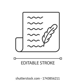 Blog pixel perfect linear icon. Writing personal diary. Feather pen symbol on sheet of paper. Thin line customizable illustration. Contour symbol. Vector isolated outline drawing. Editable stroke