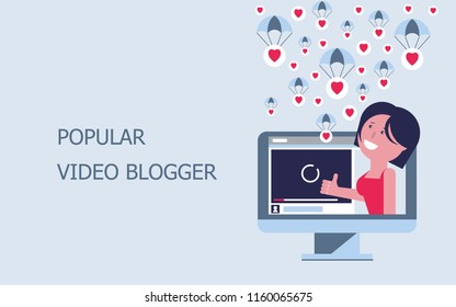 Blog. A popular video blog. The girl blogger on the computer screen collects a lot of likes. Text inscription. Vector flat illustration.