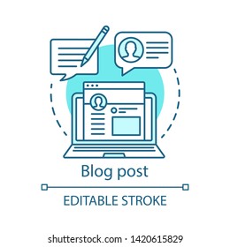 Blog post blue concept icon. Content optimization idea thin line illustration. Blogging, SMM. Copywriting, advertising texts writing. Vector isolated outline drawing. Editable stroke