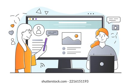 Blog post concept. Two women near large computer monitor. Freelancers and copywriters create interesting content for website, creative personality and talented author. Cartoon flat vector illustration