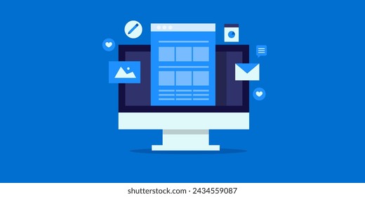 Blog post creation, Blog development, Sharing blog content on social media, blog subscribers, email content to subscribers - vector illustration isolated on blue background