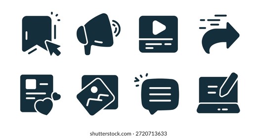 Blog and post excellent icon collection. Bookmark click, megaphone announcement, video post, share arrow, liked article, image card, chat message, edit blog