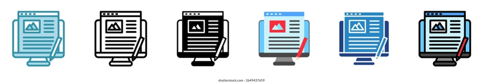 Blog Post multi estilo, mini conjunto de ícones de ilustração. contorno, plano, glifo, cor da linha. vetor para IU, UX, aplicativo, web, digital ou impressão. Relacionados com jornalistas, radiodifusão, notícias e mídia 