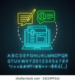Blog post neon light icon. Content optimization. Blogging. Targeting strategy. Copywriting, advertising texts writing. Glowing sign with alphabet, numbers and symbols. Vector isolated illustration