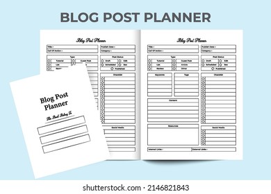 Blog post planner logbook interior. Social media blog writer notebook and scheduling tracker interior. Interior of a journal. Blog post planner and keyword notebook template.