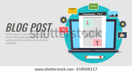 Blog post writing, blogging, content writing, social media sharing flat vector banner with icons isolated on light background