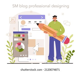 Blog professional designing. Content strategy development. Social media content manager guidance. How create visual content. Digital promotion technology. Flat vector illustration