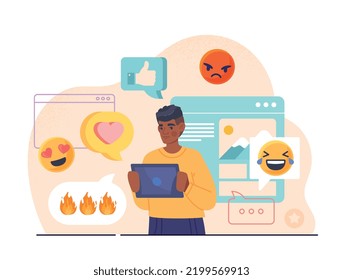 Blog promotion concept. Man evaluates reactions to his content. SMM specialist, modern methods of marketing in social networks. Talented author, popular person. Cartoon flat vector illustration