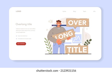 Blog promotion failure. Title creation mistake, naming tips. Overlong title. Digital advertising, social media marketing. Flat vector illustration