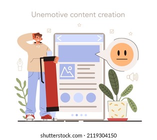 Falla en la promoción de blogs. Error de contenido visual. Creación de contenido poco emotivo. Publicidad digital, marketing en medios sociales. Ilustración vectorial plana