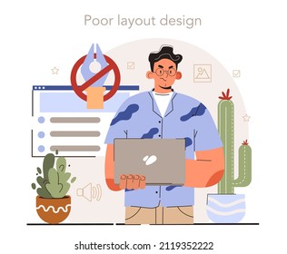 Blog promotion failure. Visual content mistake. Poor layout design. Digital advertising, social media marketing. Flat vector illustration