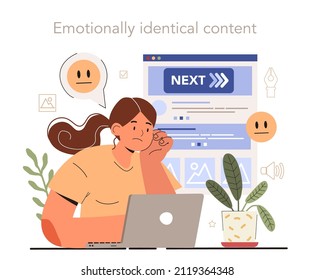 Blog promotion failure. Visual content mistake. Emotionally identical content creation. Digital advertising, social media marketing. Flat vector illustration