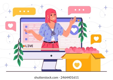 Blog promotion guidance concept. E-commerce and internet marketing live streaming. Internet Advertising. Popular blogger. Flat vector illustration