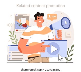 Blog Promotion Guidance. How To Attract The Audience To Your Blog. Related Content Promotion. Digital Advertising, Social Media Marketing. Flat Vector Illustration