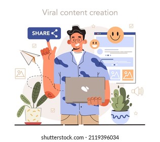 Blog promotion guidance. How to attract the audience to your blog. Visual content tips. Viral content creation. Digital advertising, social media marketing. Flat vector illustration