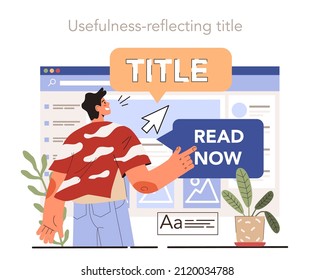 Blog promotion guidance. How to attract the audience to your blog. Title creation, naming tips. Usefulness-reflecting title. Digital advertising, social media marketing. Flat vector illustration