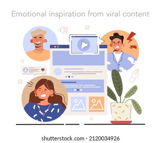 Blog promotion guidance. How to attract the audience to your blog. Visual content tips. Emotional impression from viral content using. Digital advertising. Flat vector illustration