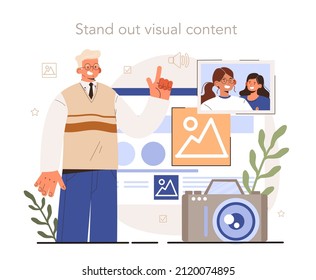 Blog promotion guidance. How to attract the audience to your blog. Visual content tips. Stand-out visual content. Digital advertising, social media marketing. Flat vector illustration