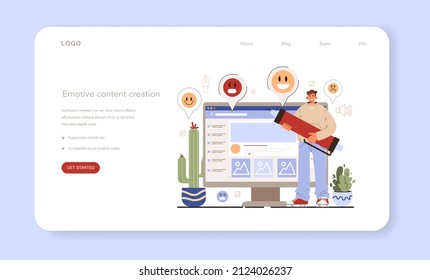 Blog promotion guidance. How to attract the audience to your blog. Visual content tips. Emotive content creation. Digital advertising, social media marketing. Flat vector illustration