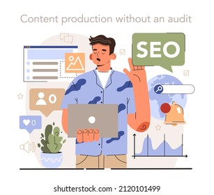 Blog promotion mistake. Content production without SEO content audit. Idea of search engine optimization for blog promotion. Web page advertising in the internet, site audit. Flat vector illustration