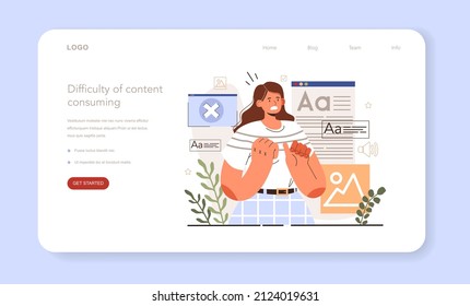 Error de promoción de blog. Dificultad para consumir contenido. Publicidad digital, marketing en medios sociales. Ilustración vectorial plana