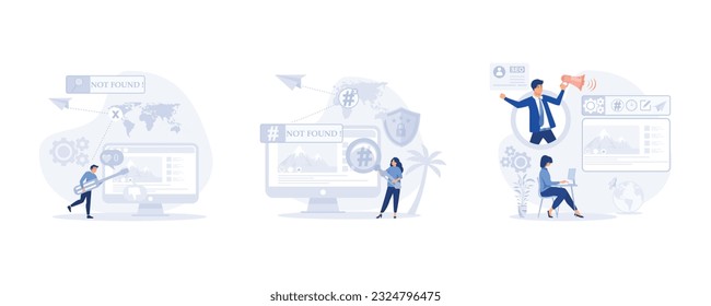 Blog promotion mistake, Ineffective keywords analysis, Content production without SEO content audit, set flat modern vector illustration