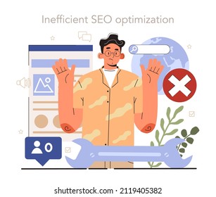 Blog promotion mistake. Inefficient SEO optimization. Idea of search engine optimization for blog promotion. Web page advertising in the internet, site audit. Vector illustration in cartoon style