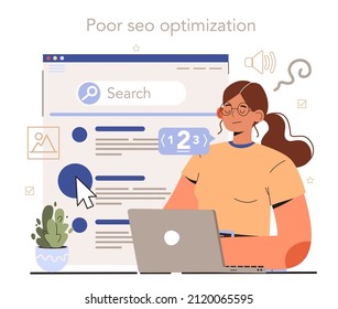 Blog Promotion Mistake. Poor SEO Optimization. Idea Of Search Engine Optimization For Blog Promotion. Web Page Advertising In The Internet, Site Audit. Vector Illustration In Cartoon Style