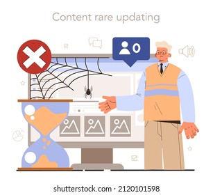 Blog promotion mistake. Rare content updating. Content plan development. Digital advertising, social media marketing. Flat vector illustration