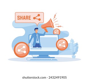 Blog promotion mistake. Social media post sharing active forcing. Digital advertising, social media marketing. flat vector modern illustration 