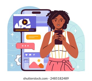 Blog promotion woman. Girl with smartphone watches interesting content. Pictures in social networks and messengers. Influencer in social media. Flat vector illustration isolated on white background